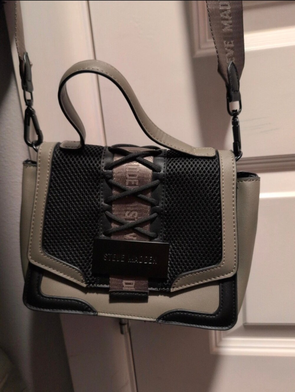 Steve Madden Olive Gray and Black Lace-Up Crossbody Satchel